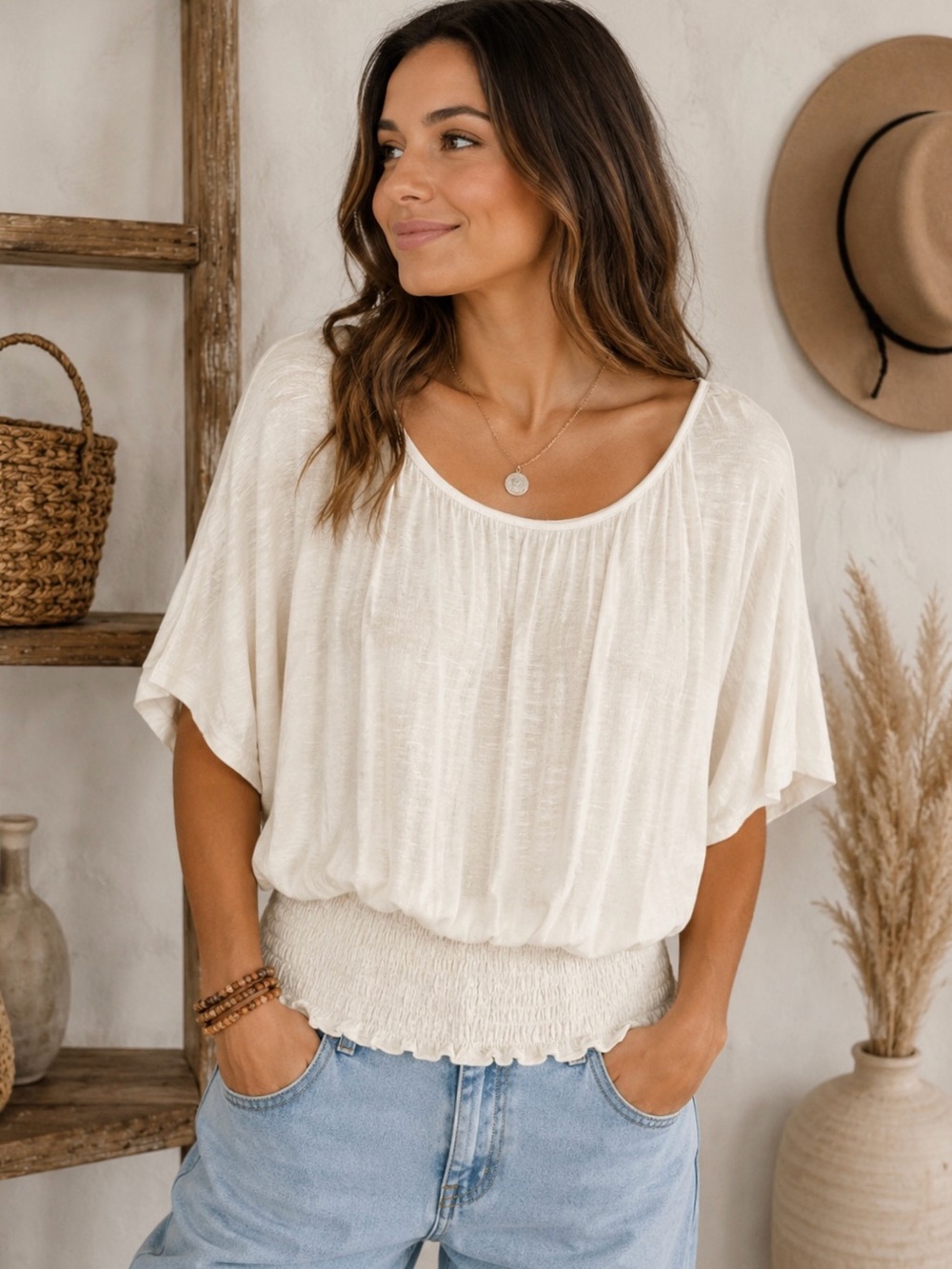 Julie’s Closet Cream Rayon Dolman Sleeve Top Boho Smocked Waist Tunic Blouse L